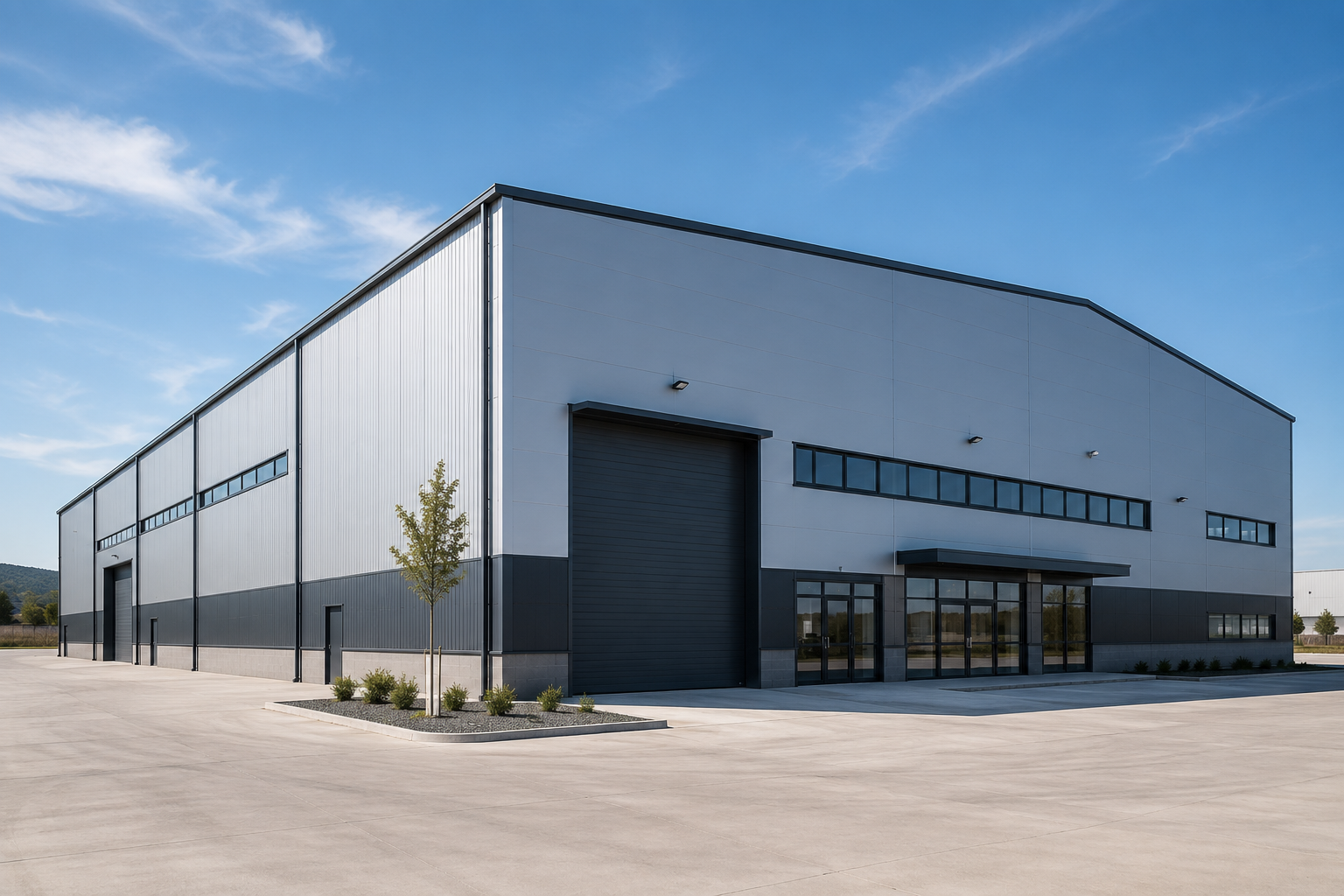 Nave industrial de estructura metálica con acceso de carga y oficinas acristaladas, construida por Construcciones Rascón