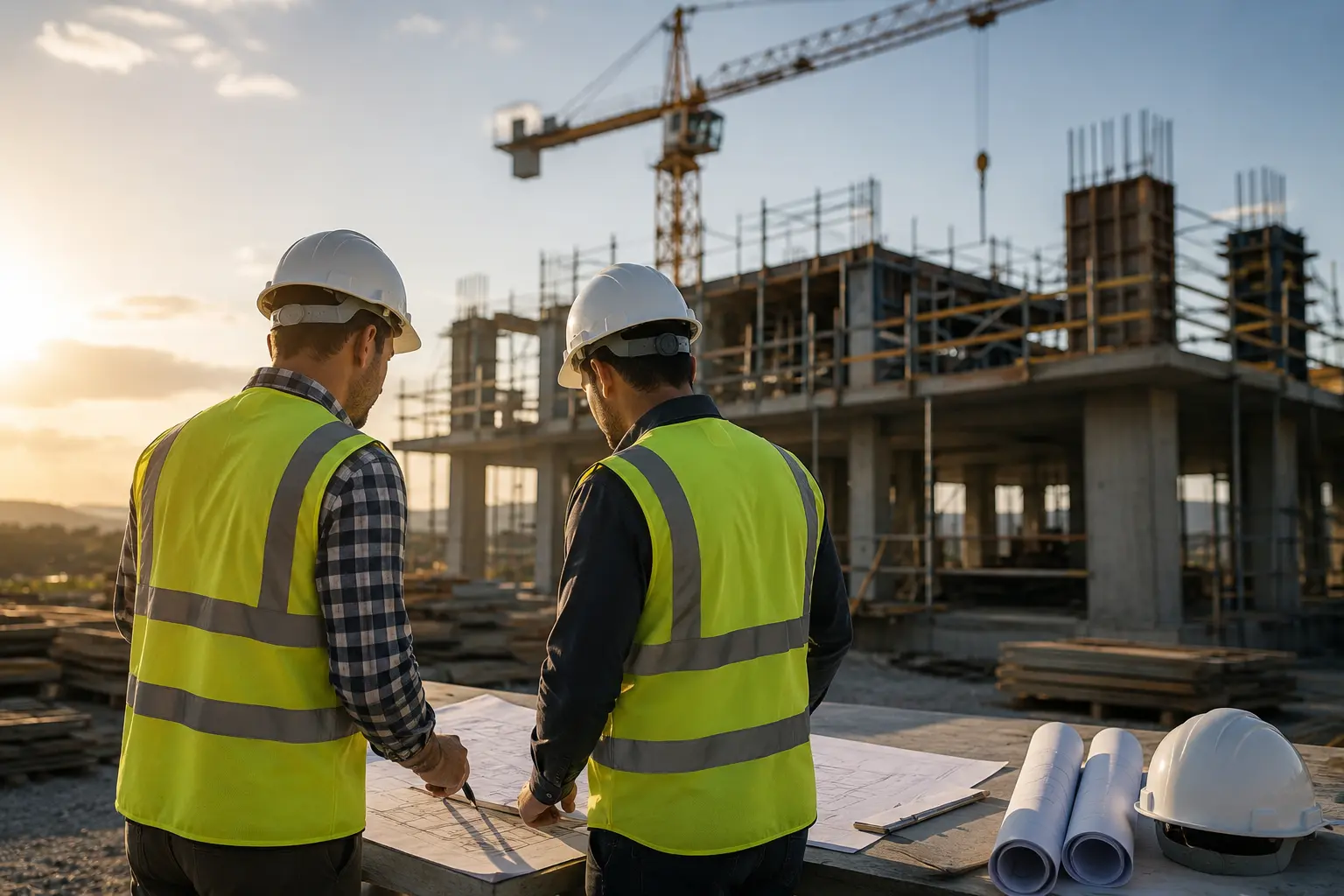 Ingenieros revisando planos en una obra de construcción al atardecer.